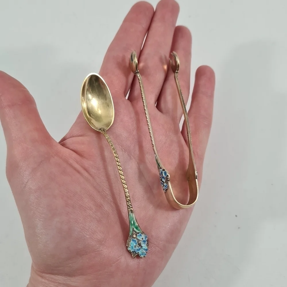 Gorham Sterling & Enamel Flowers Demitasse Spoons Set of 11 & Sugar Tong #808